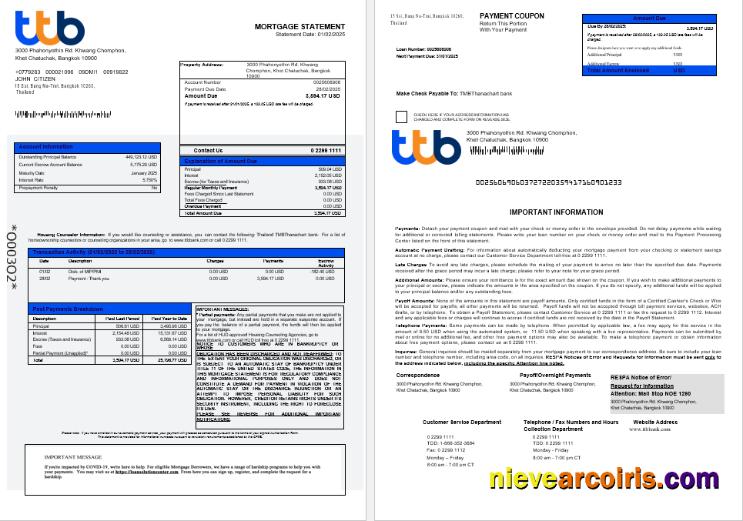 Thailand TMBThanachart Bank mortgage statement 1-2